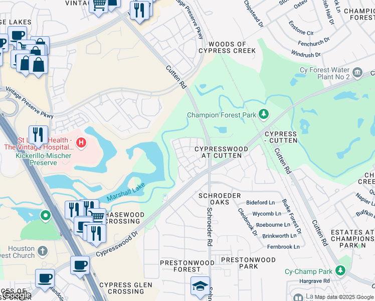 map of restaurants, bars, coffee shops, grocery stores, and more near 9844 Cypresswood Drive in Houston