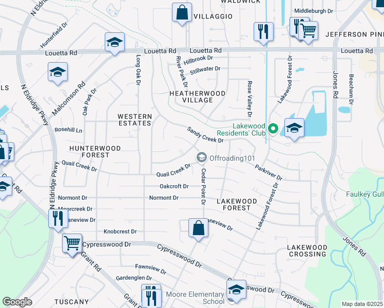 map of restaurants, bars, coffee shops, grocery stores, and more near 14719 Cedar Point Drive in Houston