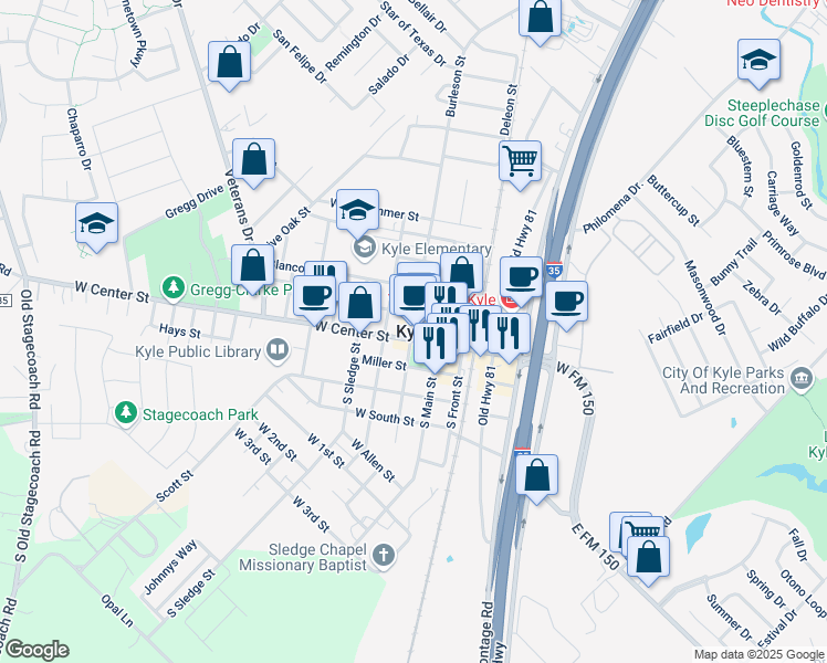 map of restaurants, bars, coffee shops, grocery stores, and more near in Kyle
