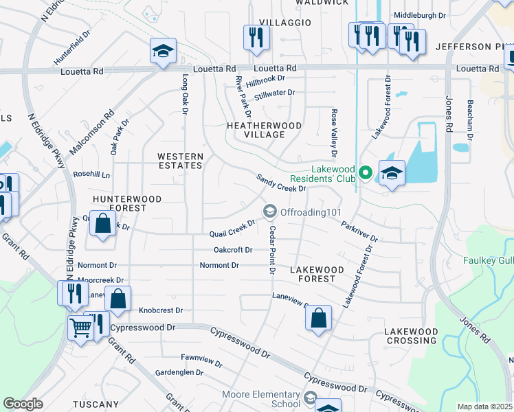 map of restaurants, bars, coffee shops, grocery stores, and more near 14719 Cedar Point Drive in Houston
