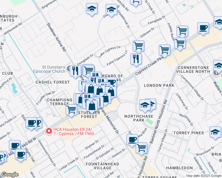 map of restaurants, bars, coffee shops, grocery stores, and more near 4420 Cypress Creek Parkway in Houston