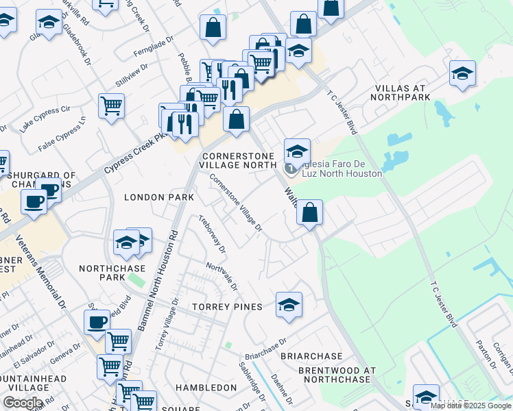 map of restaurants, bars, coffee shops, grocery stores, and more near 14300 Cornerstone Village Drive in Houston