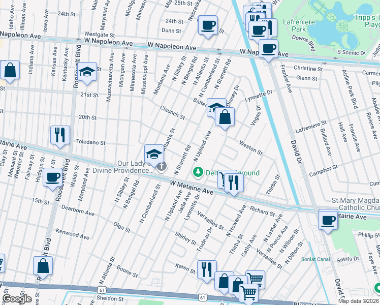 map of restaurants, bars, coffee shops, grocery stores, and more near 725 Jade Avenue in Metairie
