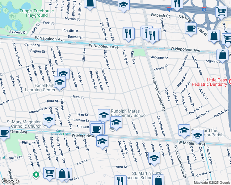 map of restaurants, bars, coffee shops, grocery stores, and more near 1613 Elizabeth Avenue in Metairie