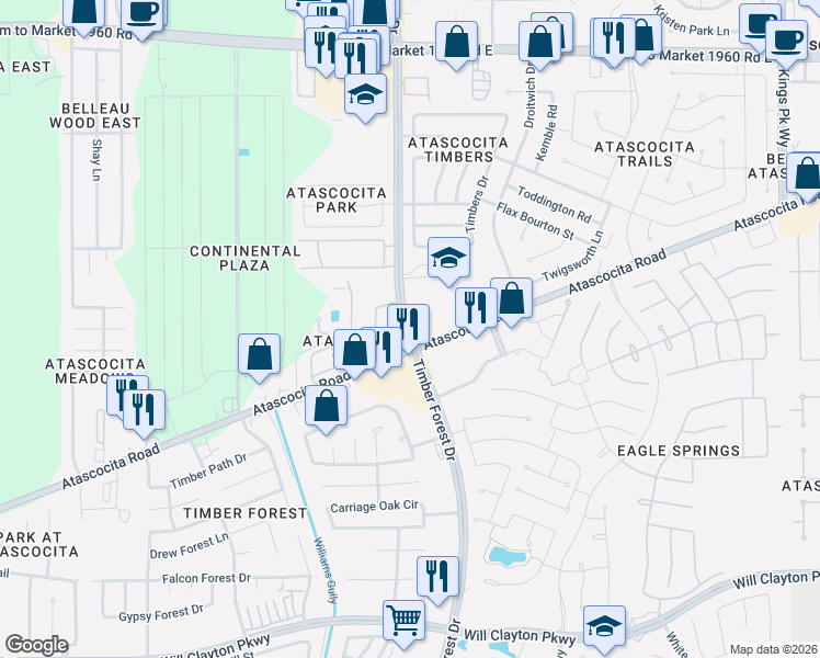 map of restaurants, bars, coffee shops, grocery stores, and more near 5367 Atascocita Road in Humble