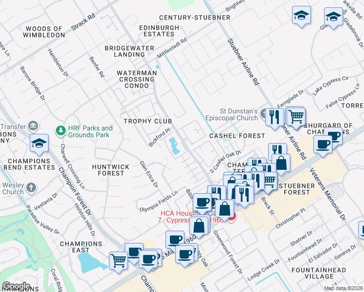 map of restaurants, bars, coffee shops, grocery stores, and more near 180 Old Bridge Lake in Houston