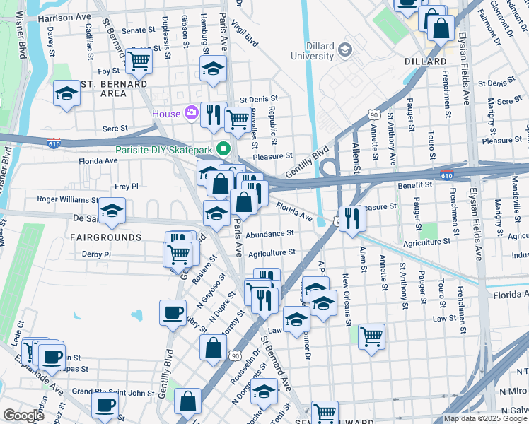 map of restaurants, bars, coffee shops, grocery stores, and more near 3101 Bruxelles Street in New Orleans