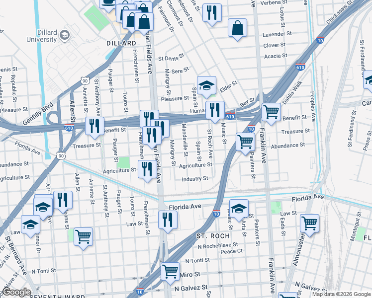 map of restaurants, bars, coffee shops, grocery stores, and more near 3013 Mandeville Street in New Orleans