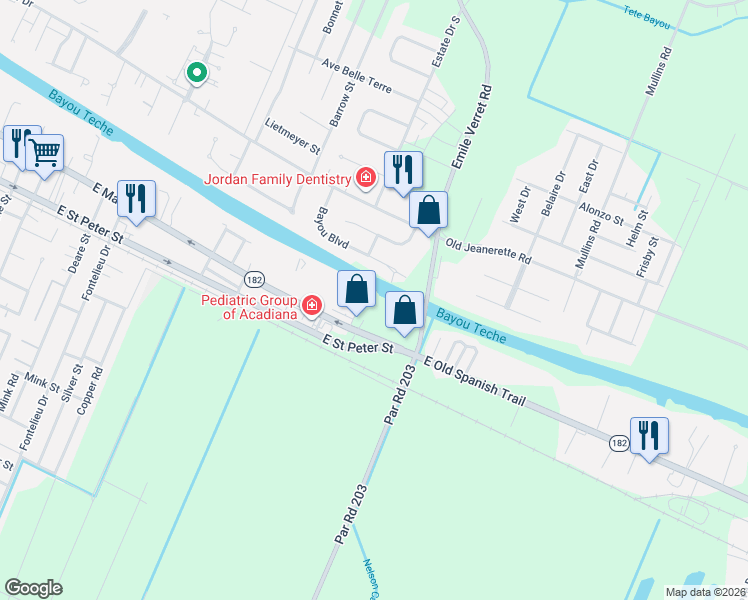 map of restaurants, bars, coffee shops, grocery stores, and more near 3936 Bayou Boulevard in New Iberia