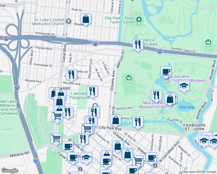 map of restaurants, bars, coffee shops, grocery stores, and more near 907 Navarre Avenue in New Orleans