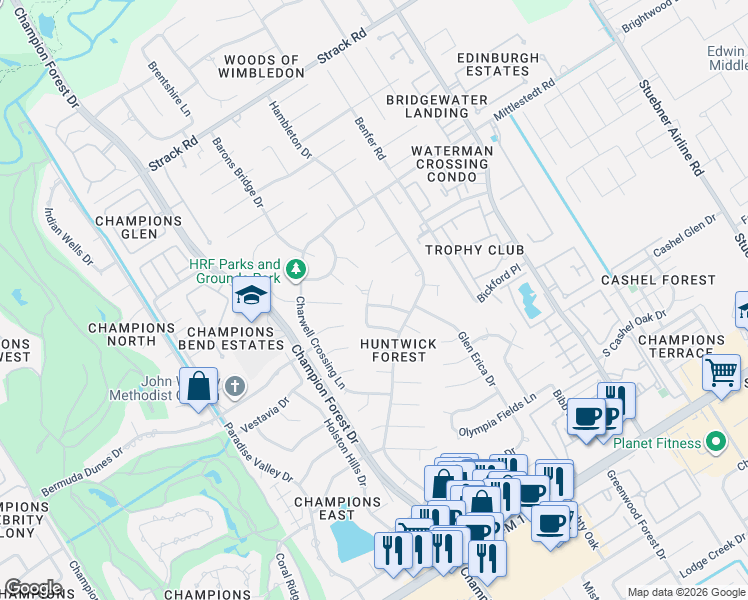 map of restaurants, bars, coffee shops, grocery stores, and more near 13610 Foxmoor Lane in Houston