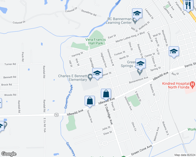 map of restaurants, bars, coffee shops, grocery stores, and more near 6 Oakridge Avenue North in Green Cove Springs