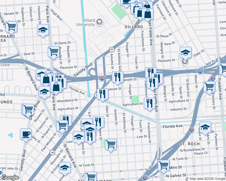 map of restaurants, bars, coffee shops, grocery stores, and more near 1938 Treasure Street in New Orleans