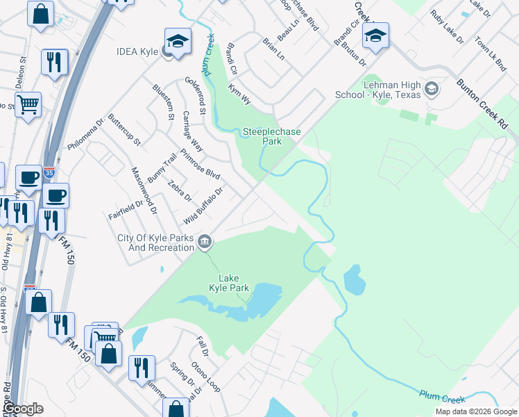 map of restaurants, bars, coffee shops, grocery stores, and more near 172 Hiver Street in Kyle