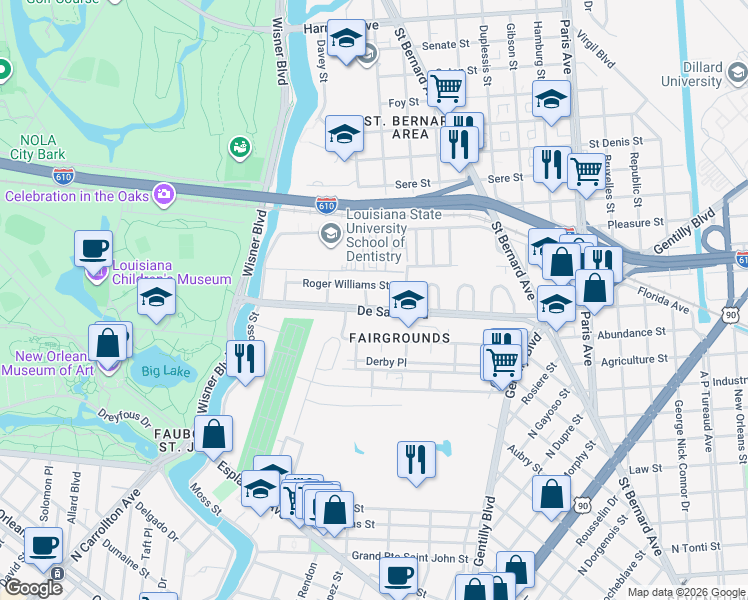 map of restaurants, bars, coffee shops, grocery stores, and more near 3402 Roger Williams Street in New Orleans
