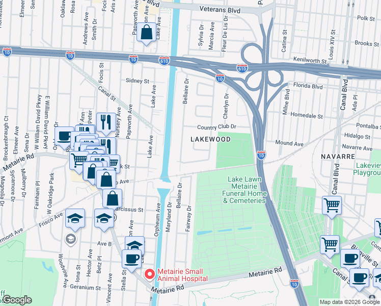 map of restaurants, bars, coffee shops, grocery stores, and more near 5439 Dayna Court in New Orleans