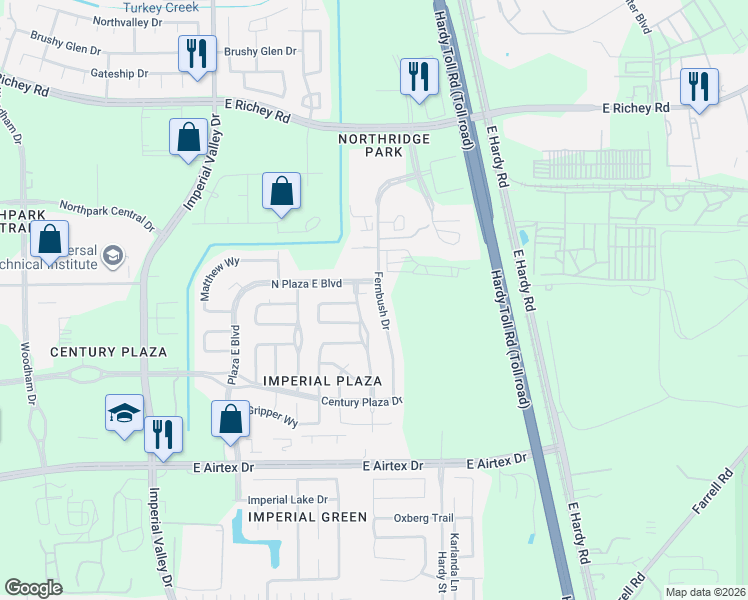 map of restaurants, bars, coffee shops, grocery stores, and more near 20530 Northbriar Drive in Houston