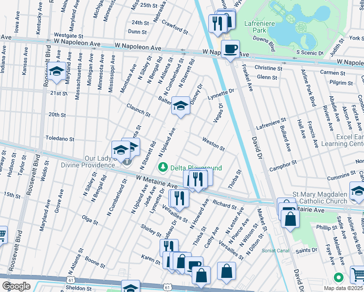 map of restaurants, bars, coffee shops, grocery stores, and more near 1100 Lynnette Drive in Metairie