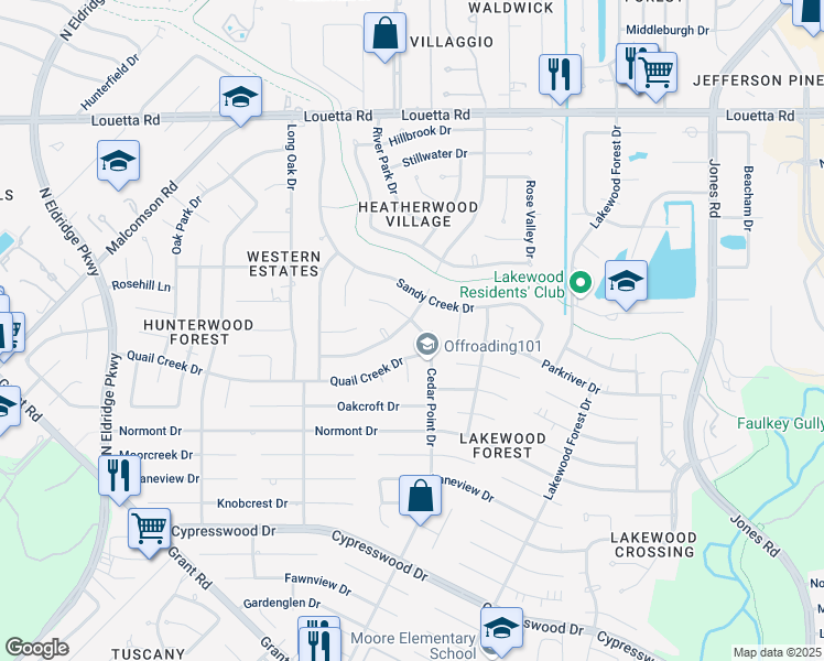 map of restaurants, bars, coffee shops, grocery stores, and more near 14719 Cedar Point Drive in Houston