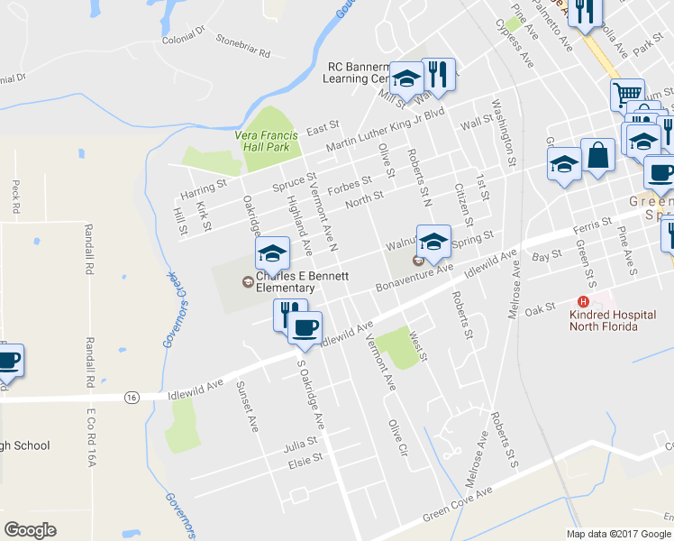 map of restaurants, bars, coffee shops, grocery stores, and more near 1401 Walnut Street in Green Cove Springs