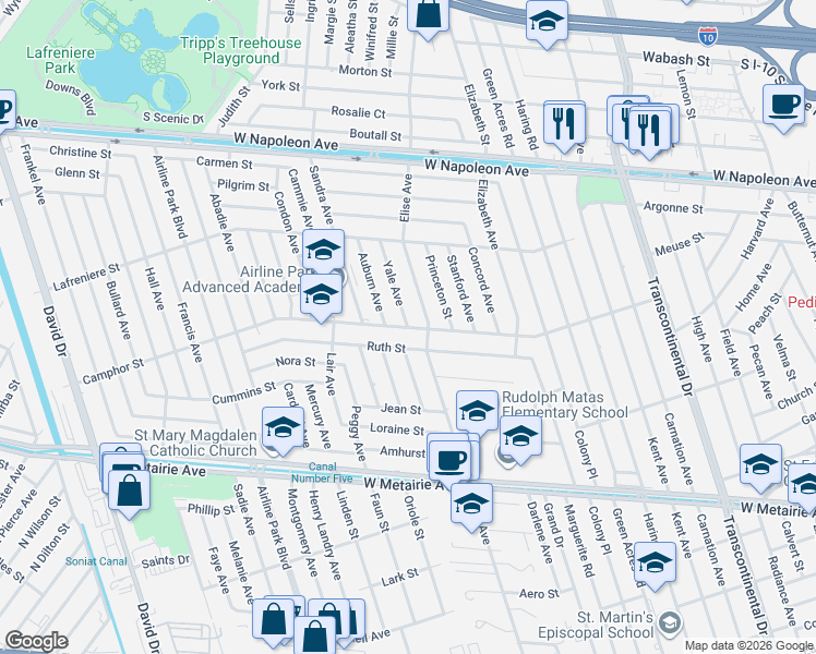 map of restaurants, bars, coffee shops, grocery stores, and more near 1601 Yale Ave in Metairie