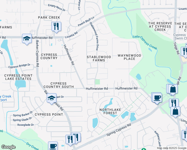 map of restaurants, bars, coffee shops, grocery stores, and more near 16111 Horseshoe Hill Court in Harris County