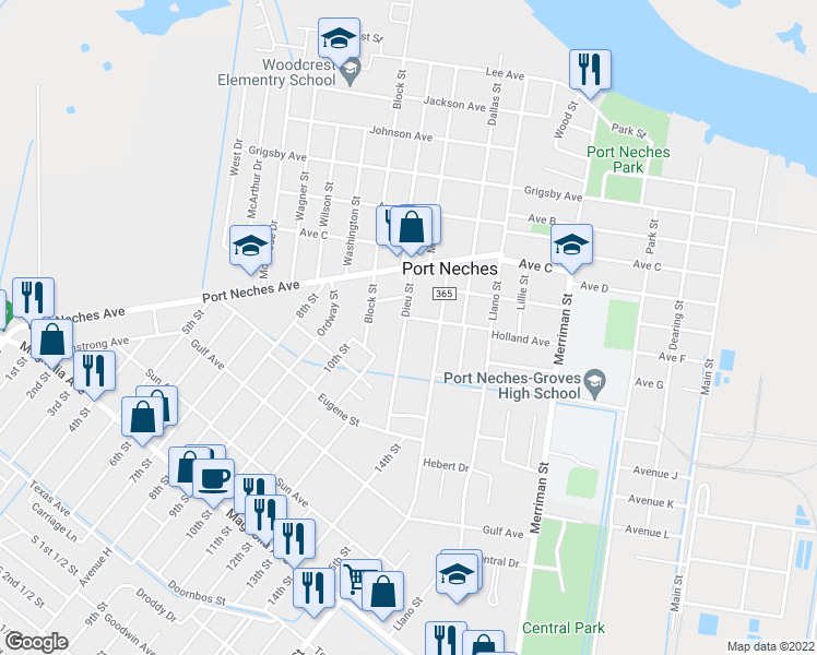 map of restaurants, bars, coffee shops, grocery stores, and more near 1517 Dieu Street in Port Neches