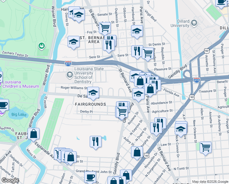 map of restaurants, bars, coffee shops, grocery stores, and more near 105 Hathaway Place in New Orleans