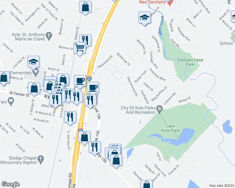 map of restaurants, bars, coffee shops, grocery stores, and more near 360 Thicket Lane in Kyle