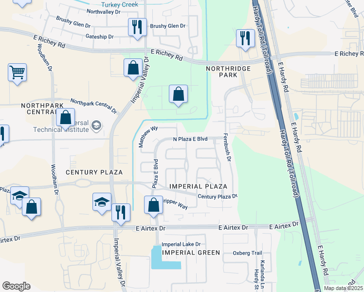 map of restaurants, bars, coffee shops, grocery stores, and more near 1127 Ashley Glen Circle in Houston