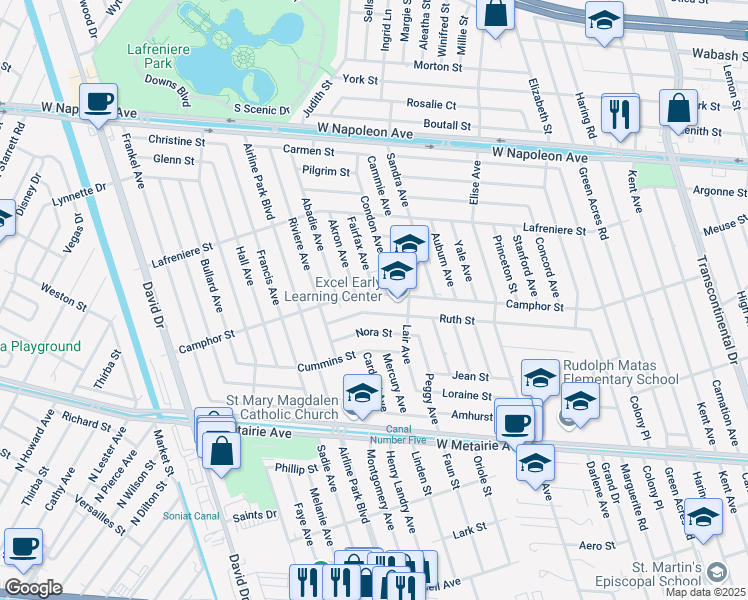 map of restaurants, bars, coffee shops, grocery stores, and more near 6312 Camphor Street in Metairie