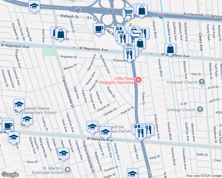 map of restaurants, bars, coffee shops, grocery stores, and more near 1605 Apple Street in Metairie