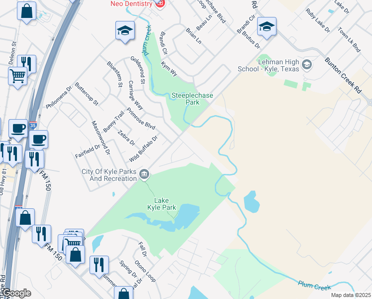 map of restaurants, bars, coffee shops, grocery stores, and more near 172 Hiver Street in Kyle