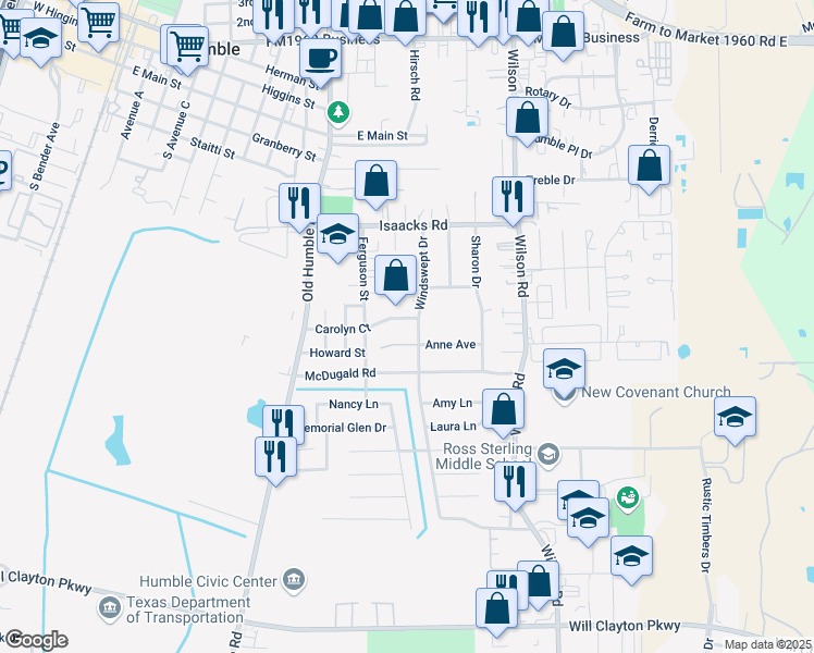 map of restaurants, bars, coffee shops, grocery stores, and more near 1316 Carolyn Ct in Humble
