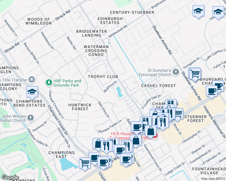 map of restaurants, bars, coffee shops, grocery stores, and more near 187 Old Bridge Lake in Houston