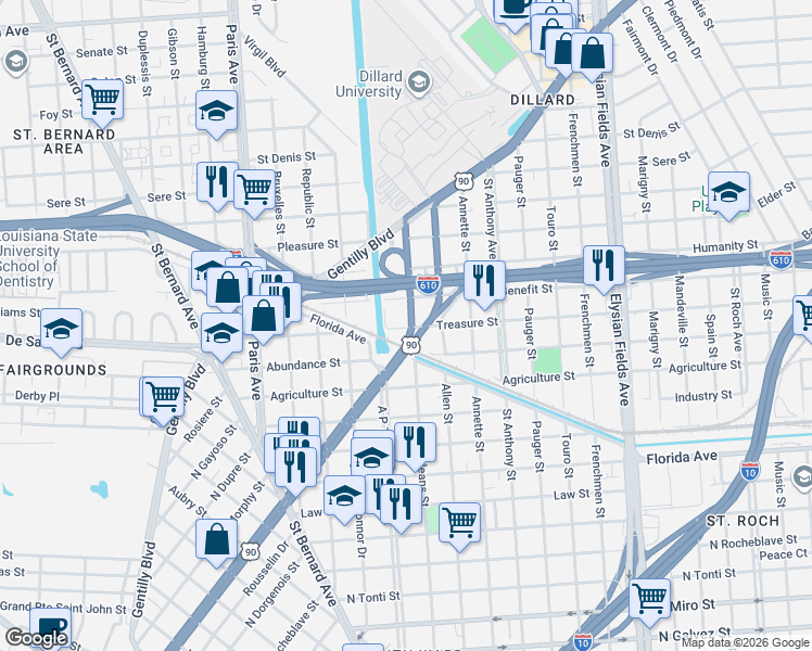 map of restaurants, bars, coffee shops, grocery stores, and more near 1815 Treasure Street in New Orleans