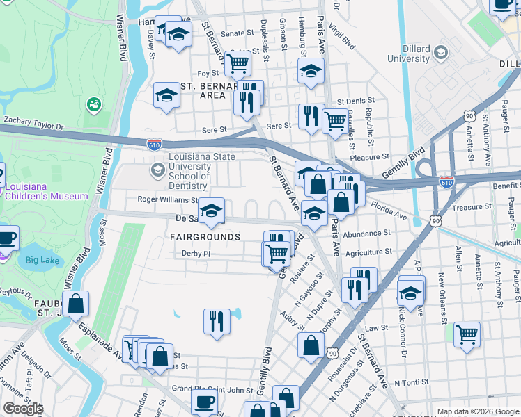 map of restaurants, bars, coffee shops, grocery stores, and more near 105 Hathaway Place in New Orleans