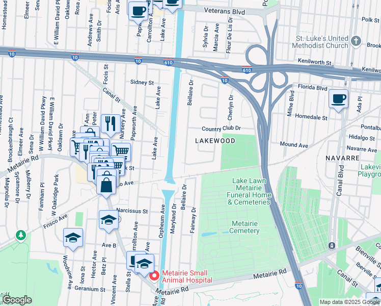 map of restaurants, bars, coffee shops, grocery stores, and more near 5424 Bellaire Drive in New Orleans