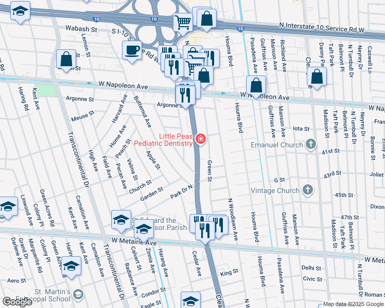 map of restaurants, bars, coffee shops, grocery stores, and more near 120 Labarre Drive in Metairie