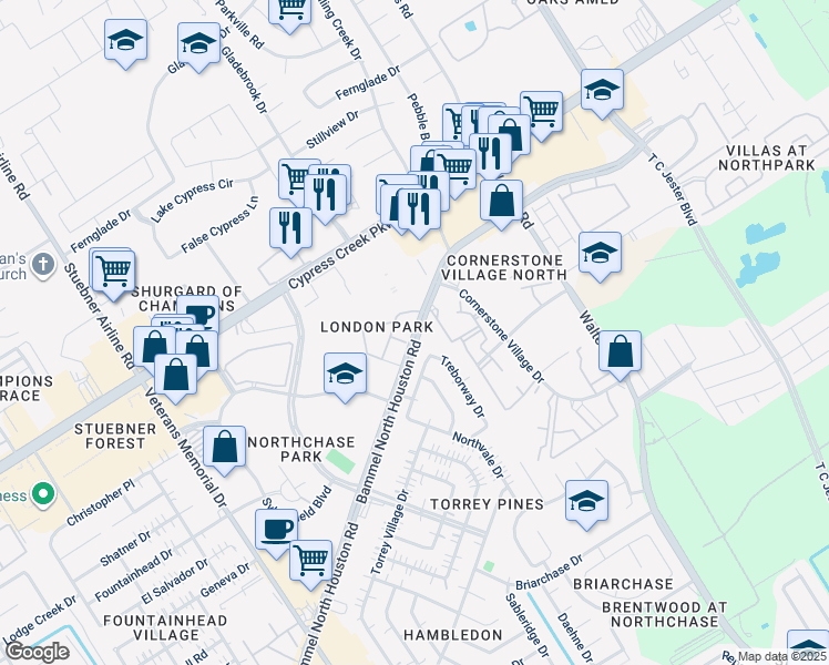 map of restaurants, bars, coffee shops, grocery stores, and more near 14545 Bammel North Houston Road in Houston