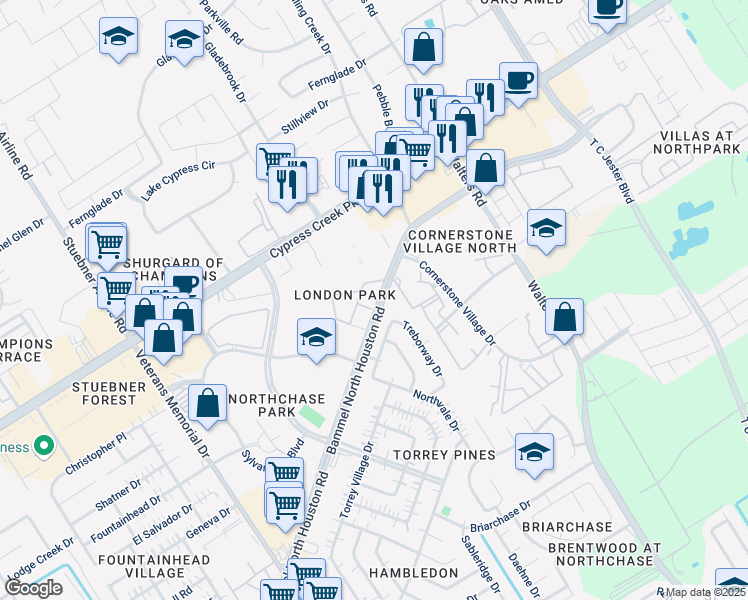 map of restaurants, bars, coffee shops, grocery stores, and more near 14545 Bammel North Houston Road in Houston