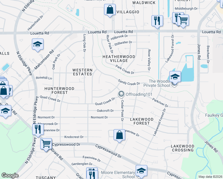 map of restaurants, bars, coffee shops, grocery stores, and more near 14719 Cedar Point Drive in Houston