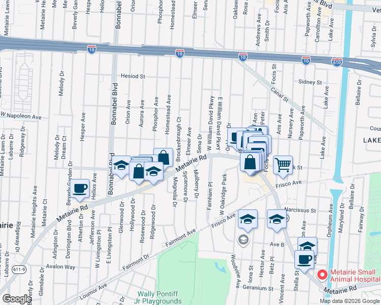 map of restaurants, bars, coffee shops, grocery stores, and more near 111 Elmeer Avenue in Metairie