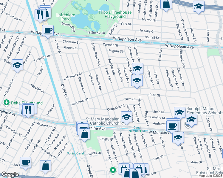 map of restaurants, bars, coffee shops, grocery stores, and more near 1509 Airline Park Boulevard in Metairie
