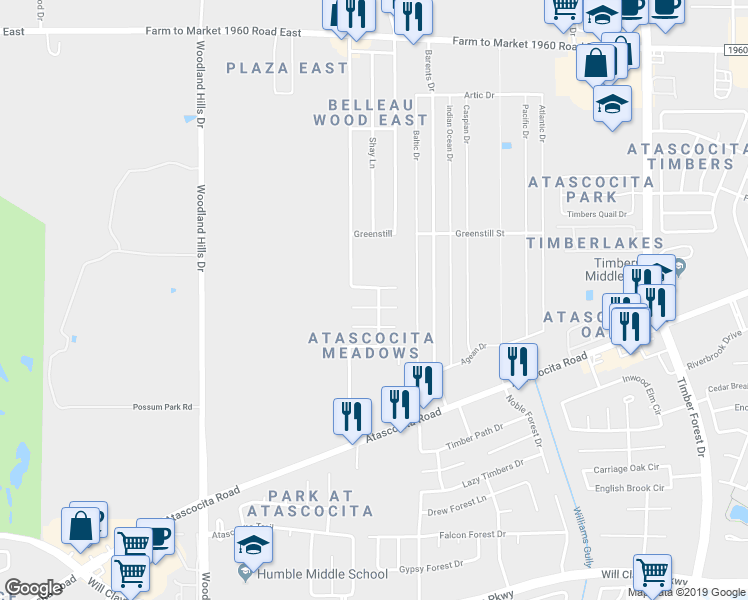 map of restaurants, bars, coffee shops, grocery stores, and more near 4935 Jasmine Meadows Ln in Humble