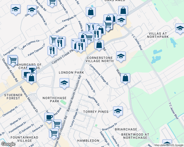 map of restaurants, bars, coffee shops, grocery stores, and more near 14441 Cornerstone Village Drive in Houston