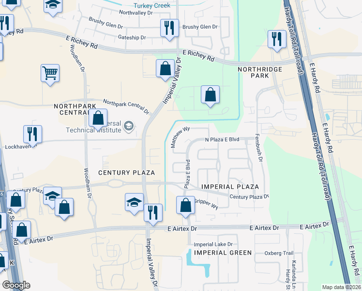 map of restaurants, bars, coffee shops, grocery stores, and more near 903 Speckled Court in Houston