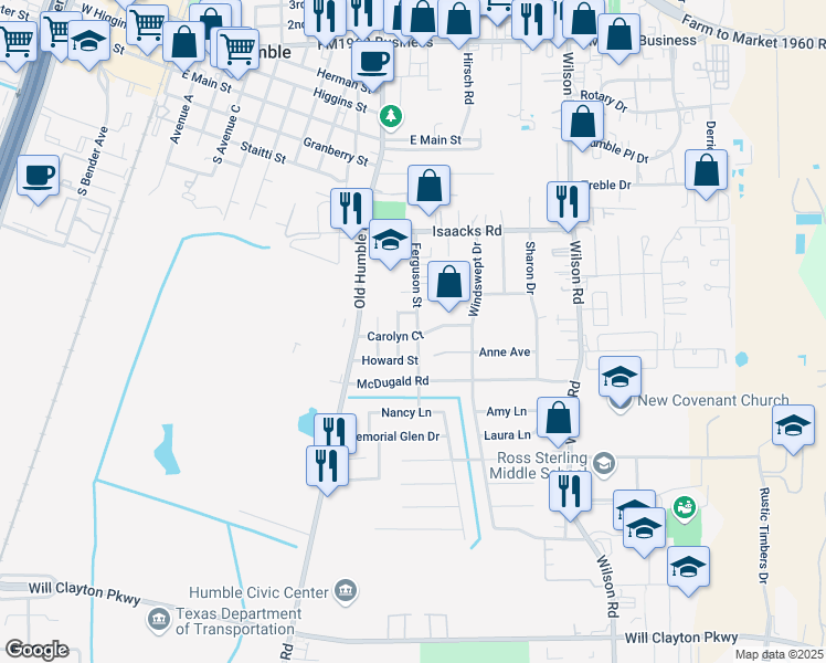 map of restaurants, bars, coffee shops, grocery stores, and more near 626 Ferguson Street in Humble