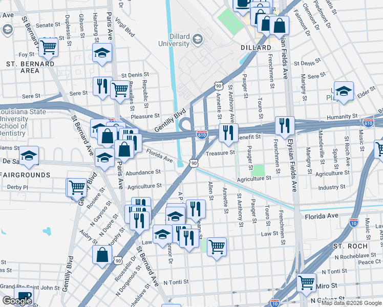 map of restaurants, bars, coffee shops, grocery stores, and more near 1815 Treasure Street in New Orleans