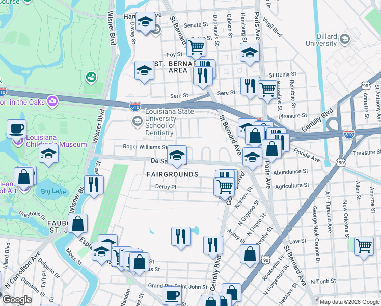 map of restaurants, bars, coffee shops, grocery stores, and more near 103 Winthrop Place in New Orleans